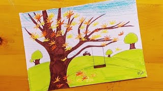 رسم فصل الخريف 4  رسم شجره الخريف  autumn tree drawing  autumn drawing [upl. by Kris643]