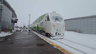 go train arriving at downsview park station in all that snow today toronto canada feb 162025 [upl. by Gnouhp530]