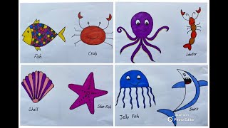 Easy Water Animals or Sea creatures drawing  Fish Crab Starfish Octopus JellyFish Shark etc [upl. by Nastassia248]