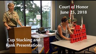 Boy Scout Troop 68 Court of Honor Rank Presentations and Cup Stacking Contest 6252018 [upl. by Erkan147]