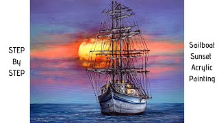 Sailboat Sunset STEP by STEP Acrylic Painting ColorByFeliks [upl. by Adnylem92]