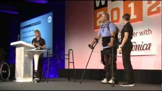 Live Exoskeleton Demo Ekso Bionics Lyne Vale  WIRED [upl. by Attiuqehs]