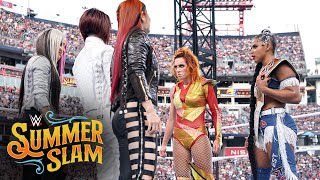 Bayley IYO SKY and Dakota Kai step to Belair and Lynch SummerSlam 2022 WWE Network Exclusive [upl. by Adnarym]