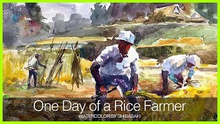 Eng sub  Tips for painting figures and scenery  One Day of a Rice Farmer 水彩で描く人物と風景〜秋の稲刈り [upl. by Ihdin322]