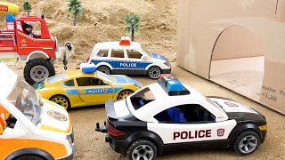 Bibo plays with toy cars and saves a police and fire truck and an ambulance from a cave [upl. by Nwahsiek]