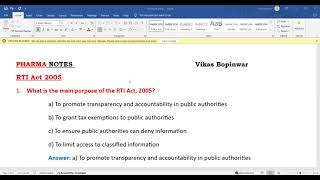 RTI Act 2005  MCQs  FDA  Analytical Chemist  Technical Assistant  Drug Inspector  Professor [upl. by Mace]