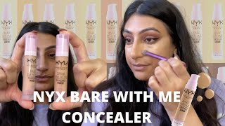 NYX BARE WITH ME CONCEALER REVIEW amp WEAR TEST SHADE GOLDEN amp BEIGE SWATCHES  JAINA [upl. by Yromas]