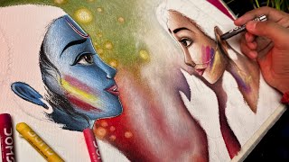 Radha Krishna Playing Holi Drawing Oil Pastel Drawing Holi Drawing [upl. by Enellek560]