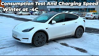 Tesla Model Y LFP Battery Consumption Test And Charging Speed in Winter at 4C [upl. by Neumark882]