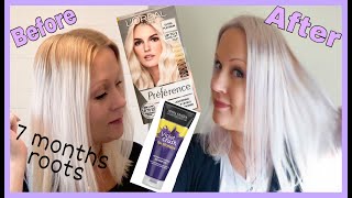 How to dye your own roots platinum blonde at home 2021 Loreal preferenceJohn Frieda Purple Shampoo [upl. by Narok143]