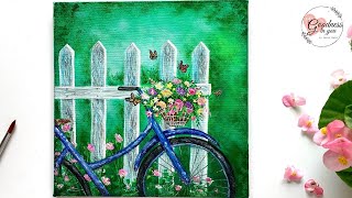 Welcome Spring  A Bicycle near a Fence Acrylic Painting for Beginners [upl. by Akenihs813]