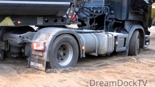 TRUCK GOT STUCK IN SAND ON CONSTRUCTION SITE ● HEAVY RECOVERY WITH EXCAVATOR [upl. by Ahsiuqram]