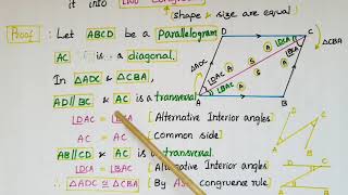 TipsProof of a diagonal divides a parallelogram into two congruent trianglesQuadrilateralsClass9 [upl. by Ernald]