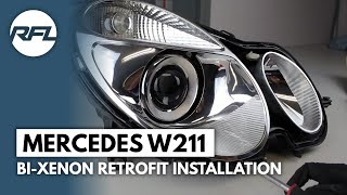 Mercedes W211 E class  HID Bixenon projector replacement Retrofit tutorial AFS headlight [upl. by Zetneuq]