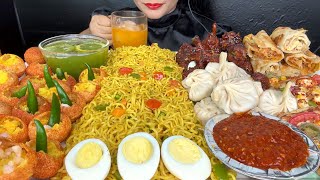 SPICY PANIPURIMAGGI NOODLESMOMOEGG ROLLSCHICKEN LOLLIPOPVEG PIZZAEGGS ASMR EATING [upl. by Cahn]