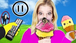 PAUSE CHALLENGE w Rebecca Zamolo for 24 hours Squishy Food vs Real Food Game Master spy Wins [upl. by Anuaf131]