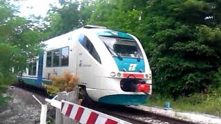 Treno Minuetto in transito al passaggio a livello in piena velocità video [upl. by Sarid859]