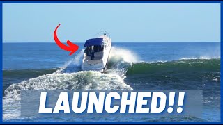 BOATER LAUNCHED BY HUGE WAVE AT MANASQUAN INLET   Massive Wave vs Boat  Shore Boats [upl. by Eleirbag]