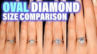 Oval Shaped Diamond Size Comparison on Hand Finger Engagement Ring Cut 75 Carat 2 ct 1 3 4 15 25 [upl. by Josey]