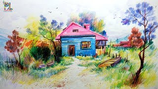 Learn Shading A Scenery with Colored Pencils for beginners  Easy Drawing [upl. by Griffith]