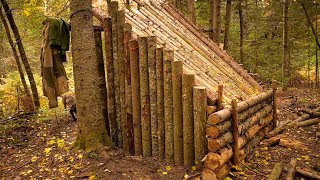 Building a Fort in the Woods LAST LOG WALL FINISHED ADDING A TARP CAST IRON COOKING OVER FIRE [upl. by Lleval221]