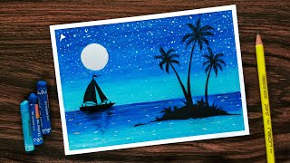 How to Draw Scenery of Moonlight with Oil Pastel step by step [upl. by Verdha]