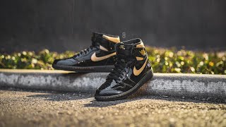 Air Jordan 1 Retro High OG quotBlack  Metallic Goldquot Patent Review amp OnFeet [upl. by Mannie]