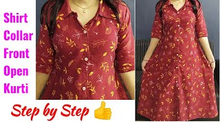 Shirt Collar Front Open Kurti Cutting and Stitching step by step [upl. by Enihpets646]