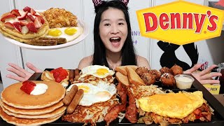 MASSIVE DENNYS BREAKFAST FEAST in LA Fluffy Pancakes Omelette Bacon amp Eggs  Mukbang Asmr [upl. by Ahsaeym]