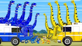 Mother T Rex vs Brachiosaurus Dinosaur Robot Car Ambulance Jurassic World Battle of Giants [upl. by Durtschi]