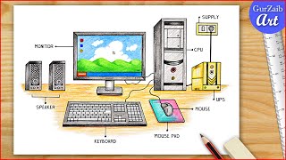 How to Draw Computer Parts Step By Step  Computer Parts Drawing  Desktop Computer Drawing [upl. by Sunda]