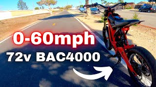 060mph Test  72v Sur Ron BAC4000  50mph Wheelie [upl. by Novi]