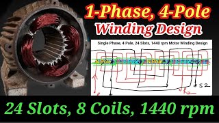 Single Phase 24 Slots 4 Pole High Speed Motor Winding Design ll 1440 rpm Motor Winding connection [upl. by Tobi233]