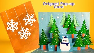 DIY Origami PopUp Christmas Card  Festive Trees amp Snowman Inside by bushrazorigami [upl. by Ahsatsana]