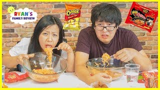 Extreme Spicy Noodle Challenge 2x Loser drinks Hot Sauce with Ryans Family Review [upl. by Keyte]