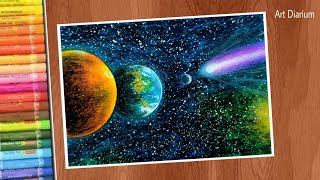 Comet Space Scenery Drawing  Neowise Comet  Art with Oil Pastel for Beginners  step by step [upl. by Bouzoun334]