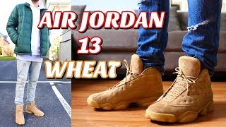 HOW TO STYLE  AIR JORDAN RETRO 13 quotWHEATquot ON FEET  OUTFITS [upl. by Maurilia]