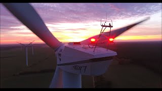 Repower MD771500 wind turbines night marking at dusk [upl. by Troc]