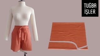 Very Easy Paperbag Belted Short Cutting and Sewing With Side Pockets  Tuğba İşler [upl. by Oirelav]