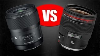 Lens Comparison Sigma 35mm f14 quotArtquot vs Canon 35mm f14L USM [upl. by Ahsinyd528]