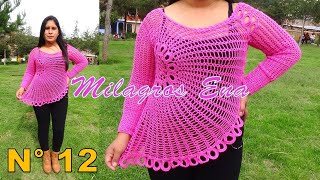 Blusa N° 12 tejido a Crochet Modelo FLOR ASIMÉTRICA paso a paso TODAS LAS TALLA S M L XL XXL [upl. by Kobylak]