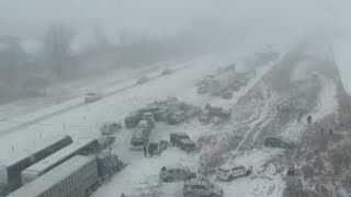 UNBELIEVABLE DASH CAM FOOTAGE Snow storm Chaotic Pile Up [upl. by Zelle225]