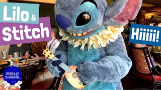 Fun Meeting Lilo and Stitch in Disney World Lilo and Stitch “Play” the Ukulele and Elvis at Ohana [upl. by Rainger]