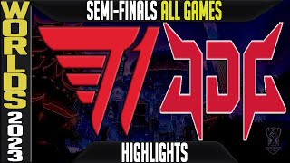 T1 vs JDG Highlights ALL GAMES  S13 Worlds 2023 Semifinals  T1 vs JDG Esports [upl. by Nilak500]