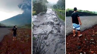 Cold lava flow threatens residents around Indonesias Mount Agung [upl. by Neehsar694]