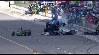 INDYCAR Helio Castroneves Charlie Kimball and Alexander Rossi Huge Crash On The Pit Road Pocono 2016 [upl. by Thistle753]