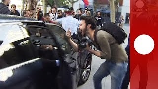 Protesters attack Spanish finance ministers car in Barcelona after political rally  euronews 🇬🇧 [upl. by Laertnom]