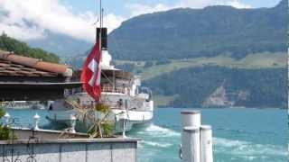 Paddlewheel steamer GALLIA leaving Gersau station [upl. by Hearn]