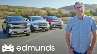 Ford F150 Ram 1500 and Chevy Silverado Battle for Pickup Truck Supremacy  Edmunds Video [upl. by Dlareme]