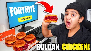 Kid Eats BULDAK CHICKEN SANDWICH for every Kill in FORTNITE POPEYES [upl. by Hyrup668]